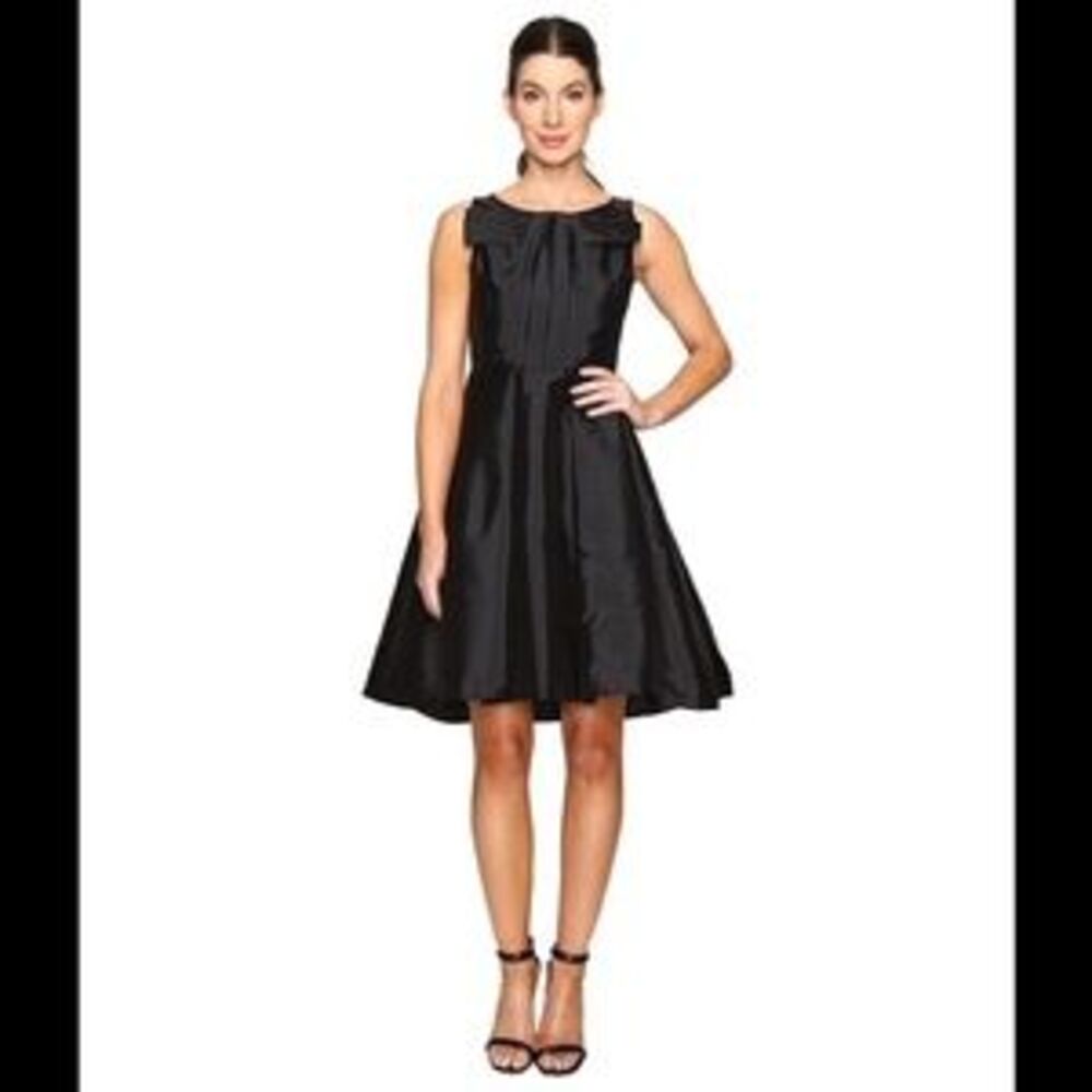 Eva Franco Brittany High-Low Black Fit and Flare Bow Cocktail Midi Dress